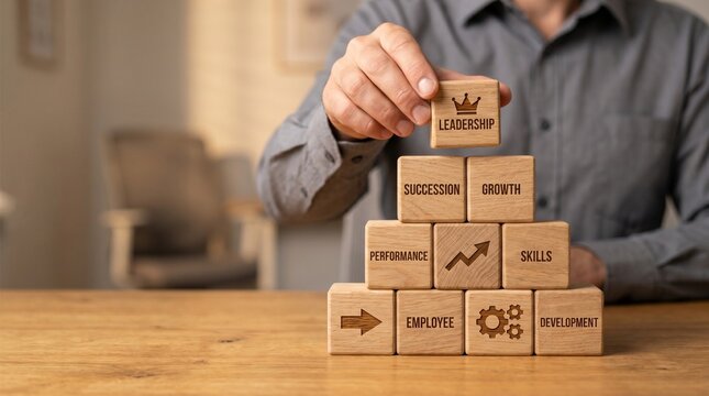 Human resources succession planning and leadership pipeline concept using stacked wooden cube blocks in structured organizational hierarchy on office desk
