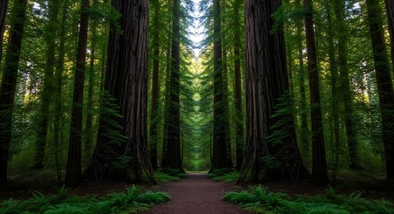 Obraz premium Mystical forest path through tall redwood trees canopy