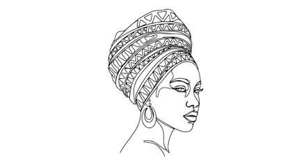 Minimalist Line Art Portrait of a Black Woman Wearing a Turban and Earrings © Iwak