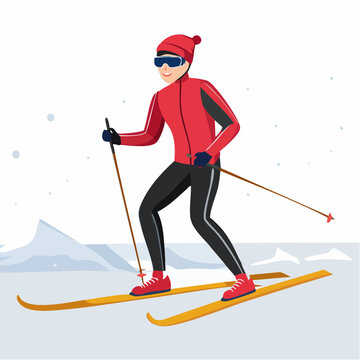 Active man cross country skiing on a snowy mountain slope wearing red winter sports clothing and goggles