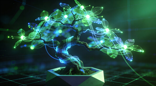 Glowing digital bonsai tree with fiber optic leaves and blue energy neural networks, futuristic bioluminescent plant in a geometric pot, concept of artificial intelligence, biotechnology, and cybernet