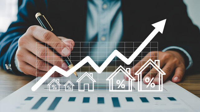 Businessman analyzing rising real estate market trends with financial growth graph overlay