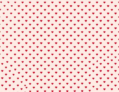 A pattern of tiny red hearts evenly spaced on a pale pink background. The hearts are slightly textured, giving a playful feel