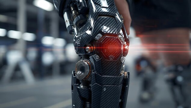 Advanced robotic exoskeleton leg with carbon fiber texture and glowing red light, futuristic bionic prosthetic technology for mobility enhancement and human augmentation in a modern setting.