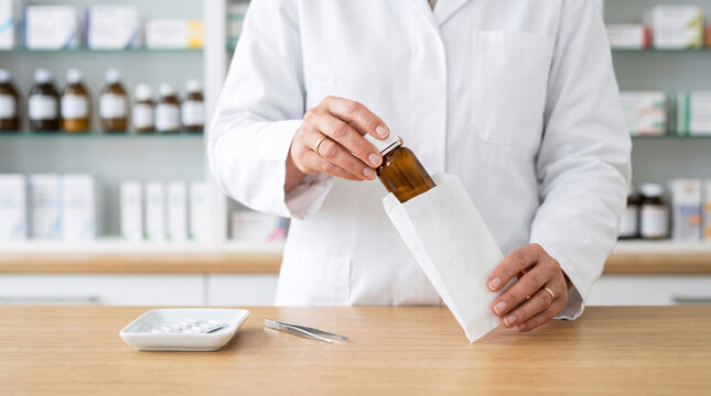 Pharmacien pr&eacute;parant une ordonnance avec flacon et sachet en environnement clinique