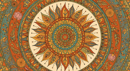 Intricate and vibrant bohemian mandala art with a central sun motif and detailed floral patterns in warm earthy tones. © Merah