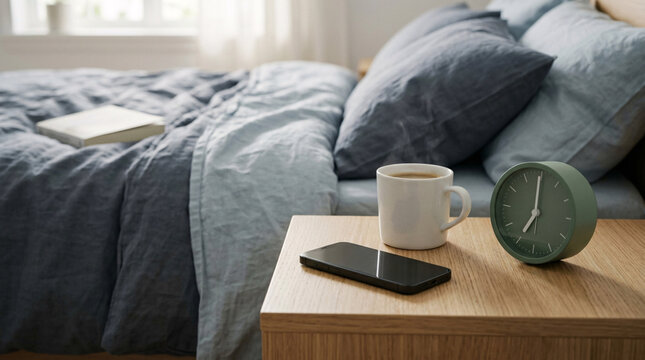 Chambre avec lit et tasse de caf&eacute; sur table de chevet
