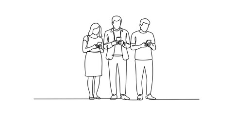 Obraz premium Three people standing and looking at their mobile phones, line drawing art Vector, illustration