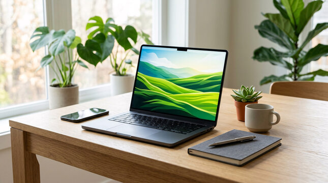 Ordinateur portable sur bureau avec &eacute;cran lumineux