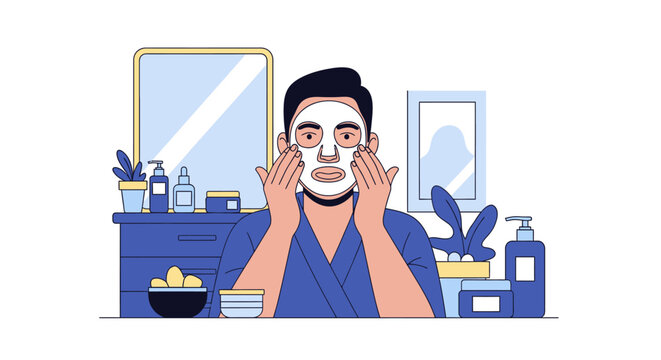 Man Applying Facial Sheet Mask in Bathroom, Men's Skincare and Grooming Routine Vector Illustration