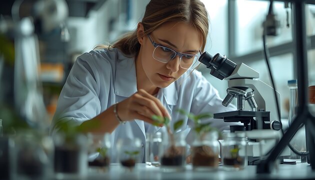 Focused female scientist in a white lab coat using a microscope to examine plant samples in glass jars, conducting botanical research and agricultural biotechnology in a modern laboratory.