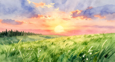 watercolor sunrise landscape, sunset sky painting, serene nature artwork, dawn horizon illustration, warm sunset colors, peaceful countryside scene, hand painted landscape, soft sky gradient, golden h © mrpixel