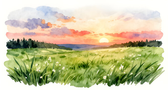 watercolor sunrise landscape, sunset sky painting, serene nature artwork, dawn horizon illustration, warm sunset colors, peaceful countryside scene, hand painted landscape, soft sky gradient, golden h