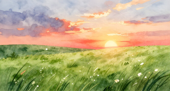 watercolor sunrise landscape, sunset sky painting, serene nature artwork, dawn horizon illustration, warm sunset colors, peaceful countryside scene, hand painted landscape, soft sky gradient, golden h