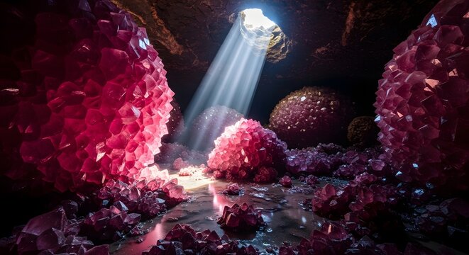 Mysterious Crystal Cave Cavern Lit by Shaft of Light