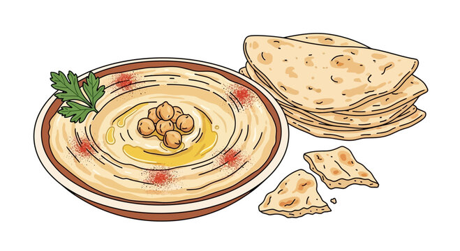 Delicious Hummus with Chickpeas, Olive Oil Drizzle, and Pita Bread