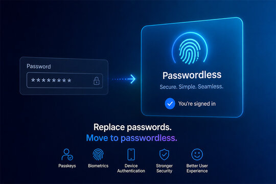 Passwordless authentication concept with glowing biometric card replacing password field showing fingerprint login secure account access device trust privacy and modern identity security