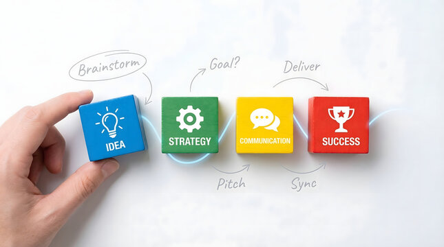 Business strategy concept with colorful blocks and hand holding idea cube on white background with brainstorming notes