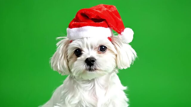 Adorable white Maltese puppy dog wearing a festive red Santa hat on a vibrant green background, perfect for holiday themes.