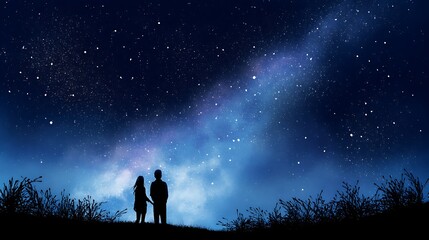 Fototapeta premium Two children silhouetted against a vibrant starry night sky stars photo