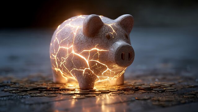 Cracked piggy bank glowing with golden energy from within, financial crisis and recovery concept, economic breakthrough, wealth hidden in debt, glowing light through broken ceramic surface.
