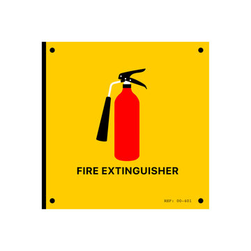 Clear fire extinguisher sign vector featuring emergency safety equipment symbol on yellow background. Ideal for workplaces, buildings, safety compliance, and fire prevention signage.