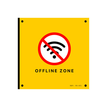 Clear offline zone sign vector featuring no WiFi symbol with prohibition mark on yellow background. Ideal for restricted areas, signal-free zones, workplaces, and controlled environments.