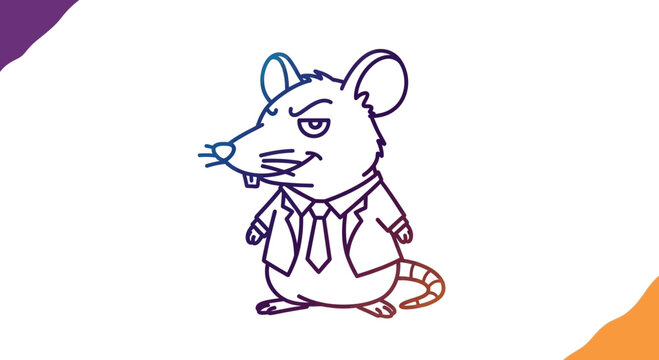 Sly cartoon rat in a suit, cunning business rodent, mischievous character, white background