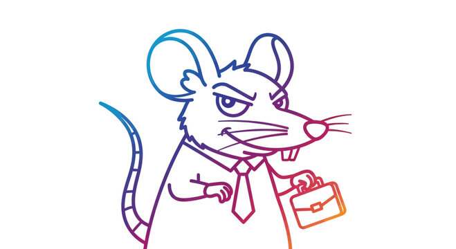 Sly cartoon mouse in business suit holding briefcase, evil smirk, colorful outline