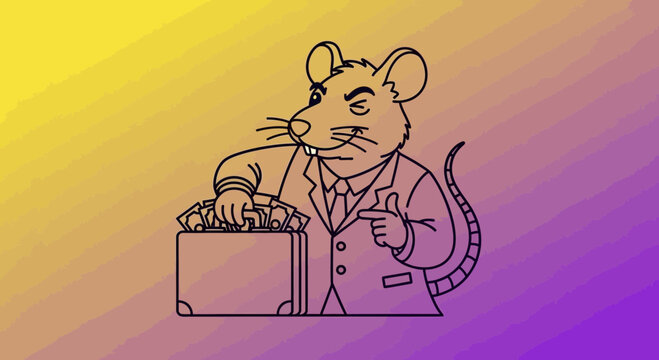 Sly cartoon rat in suit holding briefcase full of money, pointing finger, business concept