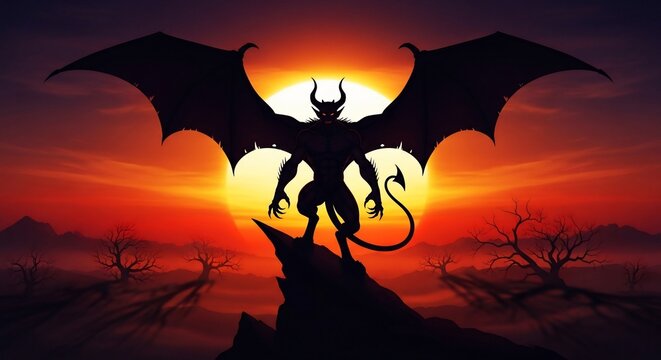 Silhouette demon sunset illustration