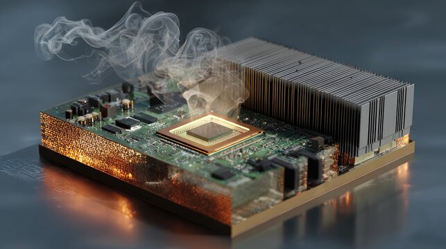 Overheating computer chip with smoke and orange glow effects