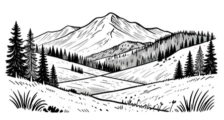 mountain, landscape, trees, coniferous, pine, forest, black, white, handdrawn, sketch, nature, outdoor, hills, scenery, vector, illustration, vintage © mrpixel