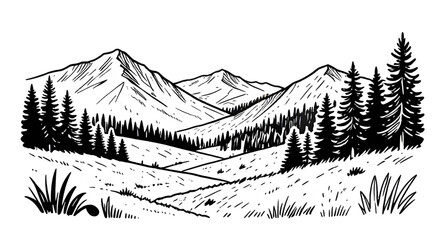 hand drawn mountain landscape, black and white forest illustration, coniferous trees vector, pine tree mountain scene, sketch style landscape, line art nature design, monochrome mountain drawing, rust © mrpixel