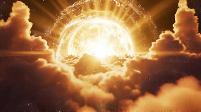 Bright glowing sun rising above orange clouds in a dramatic space sky with stars and cosmic elements