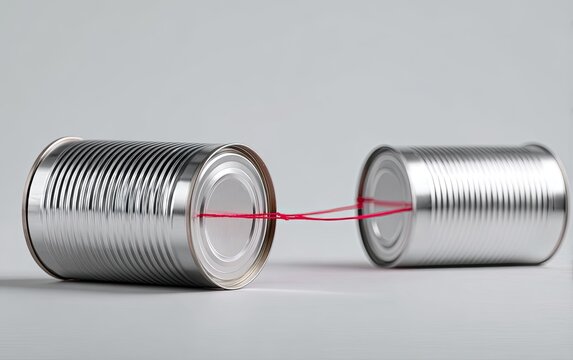 Two tin cans connected by a red string for communication