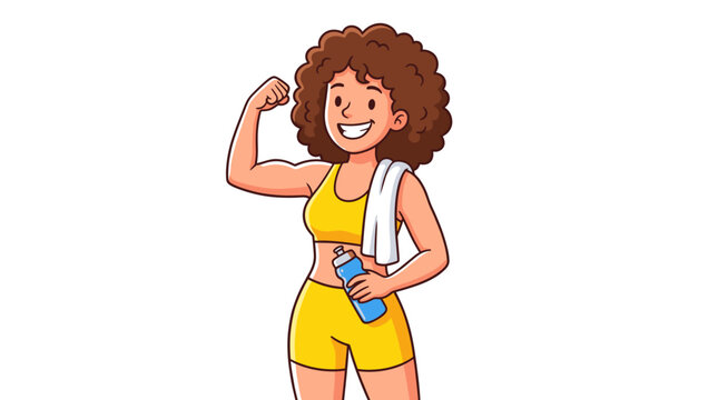 Fit woman in yellow workout gear flexing arm with water bottle and towel smiling confidently conveying strength and wellness