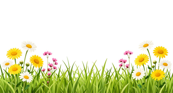 daisy, flowers, white, grass, green, floral, nature, meadow, bloom, petals, botanical, background, border, garden, fresh, vector, bright