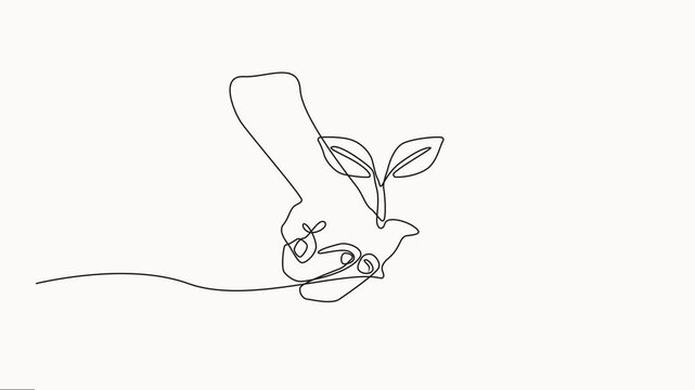 Animated self drawing of continuous line draw of hand holding plant with leaf. Full length one line animation, Hands holding growing single line drawing  of Hands holding leaf Go green energy.