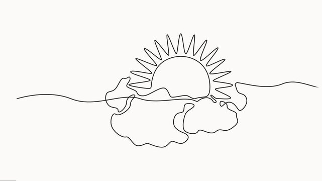 Sun with cloud continuous one line drawn animated video. Sky linear symbol animation, Self drawing line animation sun behind the cloud, weather minimalist one line art, cloud summer travel concept.
