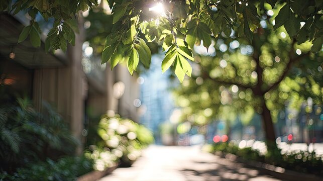 Sunlit urban walkway framed by vibrant green foliage and dappled light