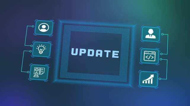 System Update Interface With Digital Technology Icons, Data Processing Dashboard And Software Upgrade Innovation Concept.