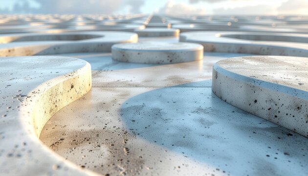 Intricate architectural detail of a textured concrete surface with a captivating repeating geometric circular pattern under natural light, creating a modern abstract background
