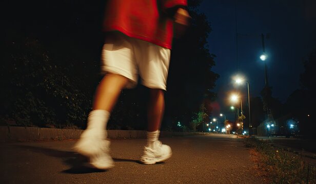 A person jogs at dusk on a paved path with streetlights