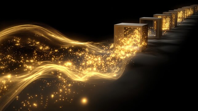 Glowing energy flows through open cubes in a line