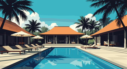 Fototapeta premium Beautiful tropical vacation resort featuring a clear blue swimming pool surrounded by palm trees and comfortable white lounge chairs.