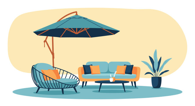 Comfortable outdoor patio furniture set featuring a large blue umbrella, sofa, round chair, and coffee table for summer relaxation.