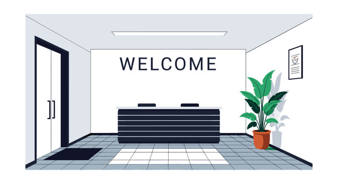 Modern office reception area featuring a dark front desk, a welcome sign on the wall, and a large green potted tropical plant.