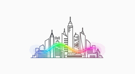 Fototapeta premium Modern city skyline with colorful wave, symbolizing connectivity and innovation