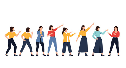 Obraz premium Group of diverse women in casual outfits standing in a row and pointing their fingers in various directions on a white background.